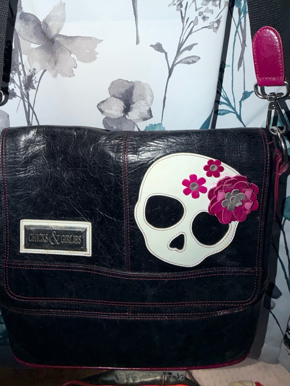 Chicks and girlies custom Black Crossbody Bag with Pink Skull Accent